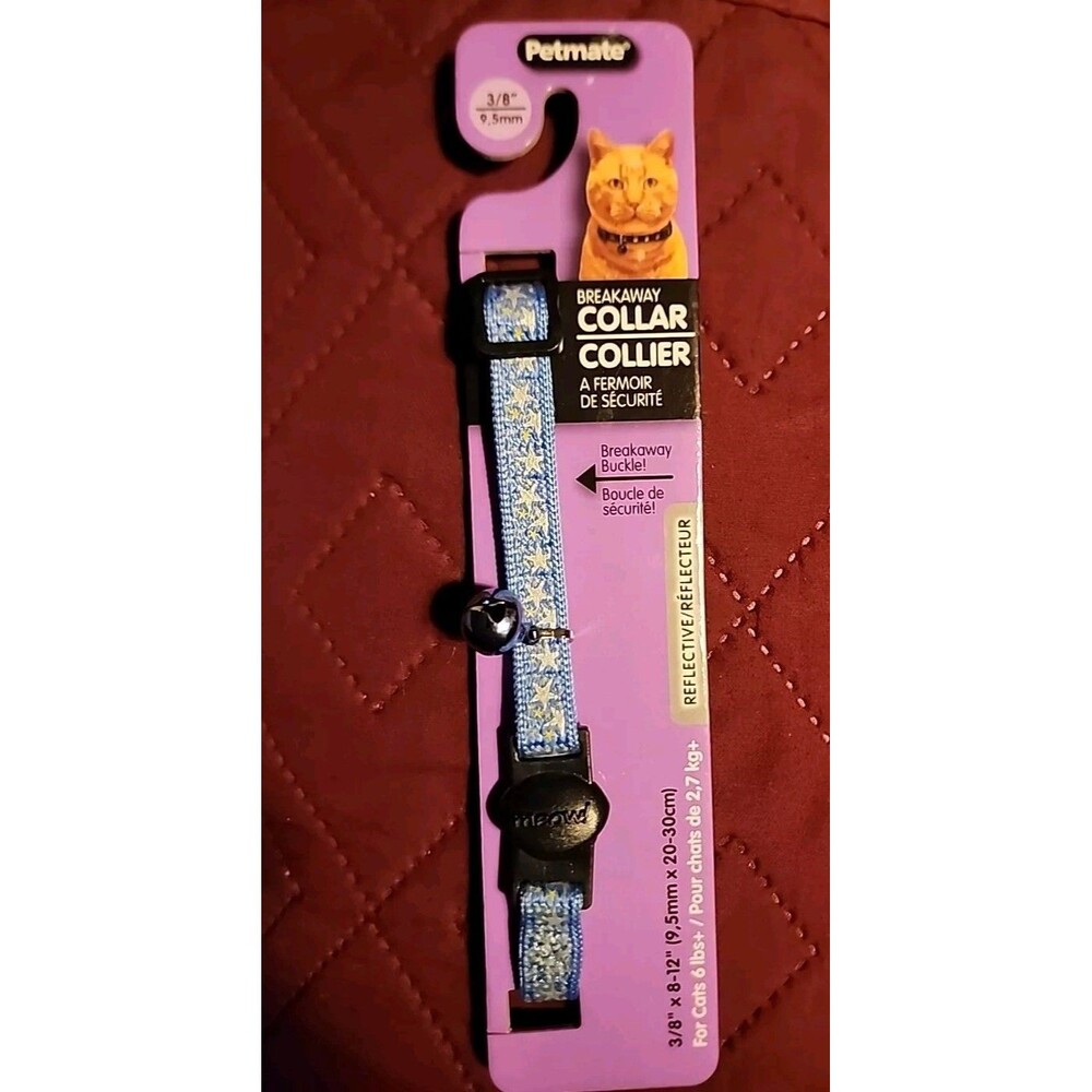 Petmate Stars Breakaway Reflective  Cat Collar 3 8 inch x 8-12 inch Blue 9.5mm